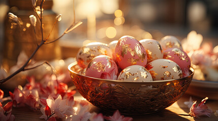 Seasonal Easter Eggs In Colorful Bowl With Candles and Flowers On The Table Blurry background