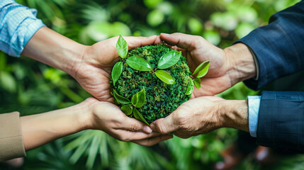 Hand holding earth on green grass, ESG, Environement care