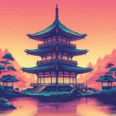 free vector Gradient japanese temple with lake