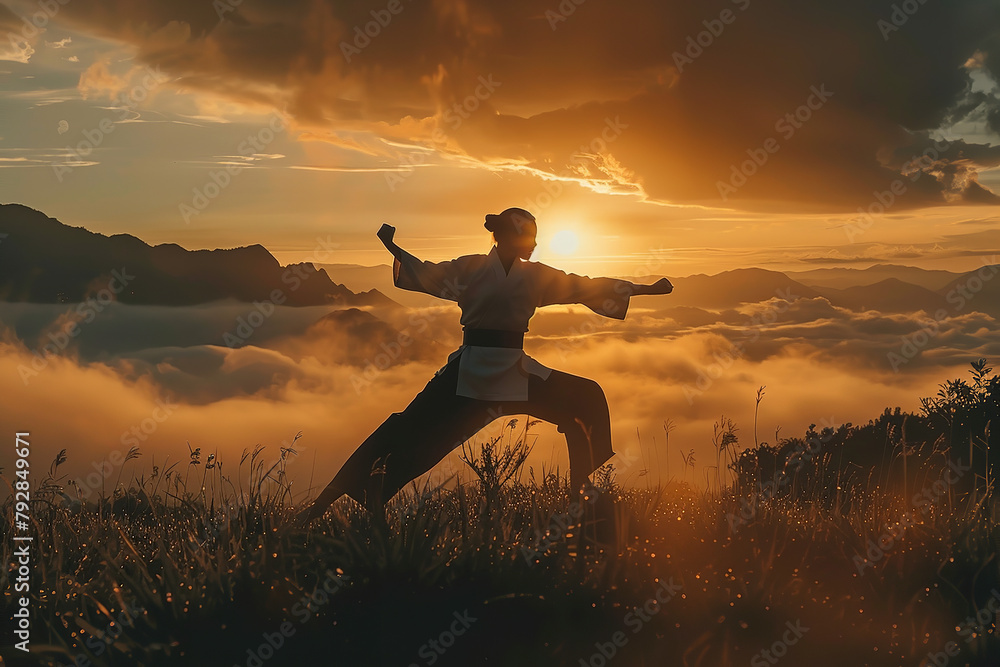 Canvas Prints At dawn's quiet - a martial artist's solitary practice melds strength and grace - each movement driven by a profound passion for the discipline