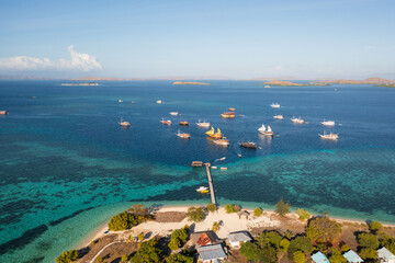 Komodo, Indonesia: Aerial of Phinisi boat anchored by the Kanawa island in Komodo area near Labuan...