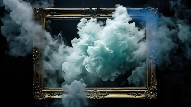 Blue flowing smoke around empty vintage beautiful frame. Copy space, frame mock up
