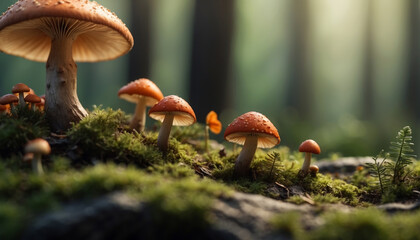Mushrooms in he forest Miniature landscape, spring,  forest 3D stereoscopic effect