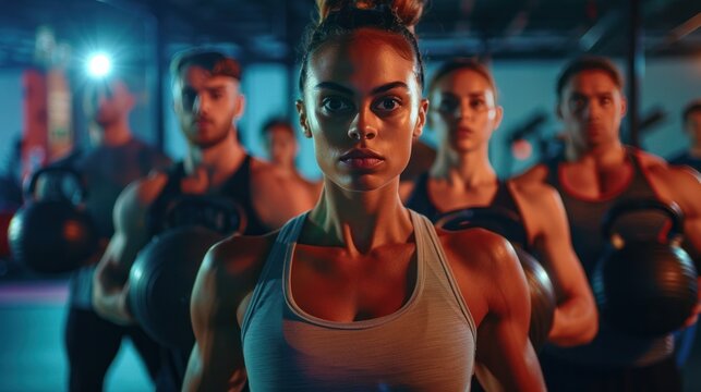Exercise and fitness classes with gym coaches and people who train with cardio and exercise Portrait of a strongman personal trainer and fellow athlete in a health club.