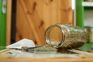  A serene still life composition featuring a glass jar and a paper envelope alongside whole green...