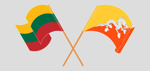 Crossed and waving flags of Lithuania and Bhutan