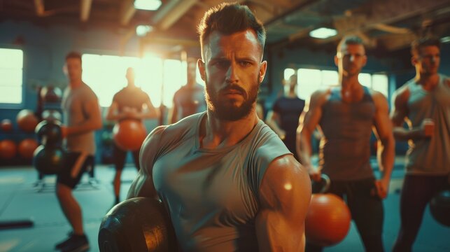 Exercise and fitness classes with gym coaches and people who train with cardio and exercise Portrait of a strongman personal trainer and fellow athlete in a health club.