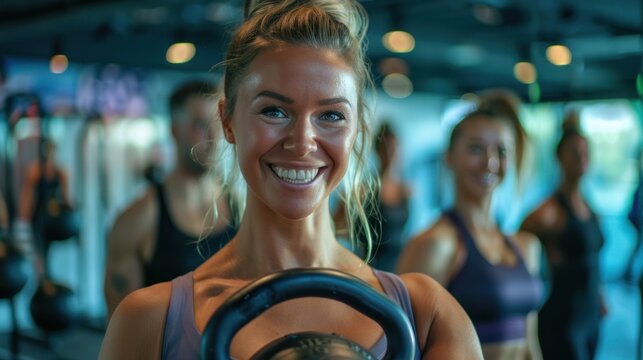 Exercise and fitness classes with gym coaches and people who train with cardio and exercise Portrait of a strongman personal trainer and fellow athlete in a health club.