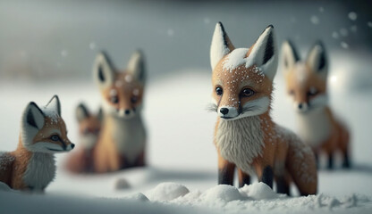 A Small Group of Tiny and Cute Foxes Playing In The Snow Winter Background