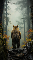 The Angry Big Bear Standing In Rain Forest With A Man