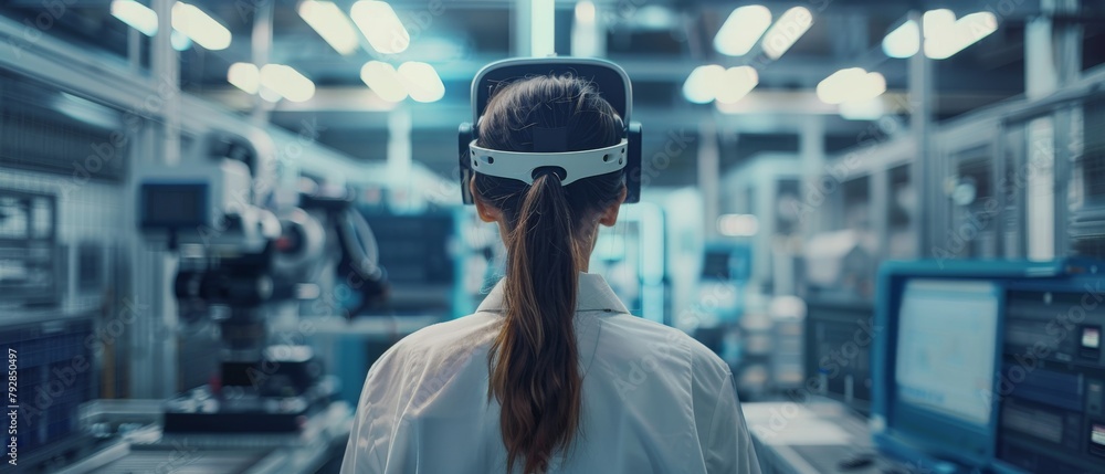 Poster An engineer walks through the factory workshop with Augmented Reality 3D models of CNC machinery production lines. Industrial 4.0 graphics visualization in a factory. VFX: Special Graphics and Visual