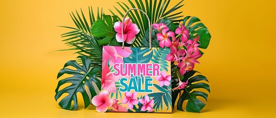 shopping bag with the words "SUMMER SALE" written in large letters, surrounded by vibrant colors and a backdrop of exotic flowers, monstera leaves, and palm trees.