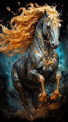 Horse Oil Painting in Liquid Golden Metalic and Cyan Colors