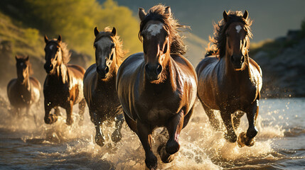 Galloping Horses Running in a River Splashes Water