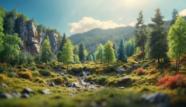 Forest Summer Miniature landscape, 3D stereoscopic effect
