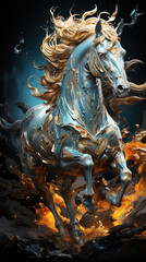 Horse Oil Painting in Liquid Golden Metalic and Cyan Colors