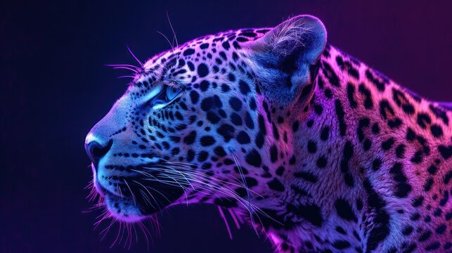 Photo of a leopard / jaguar. Abstract. Graphic. Bright colors in neon colors. on a dark purple background