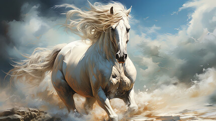 White Horse with Long Hair Flying In The Air