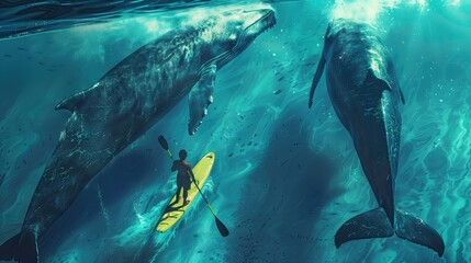 A large whale swims in the sea. Underwater and a man with a paddle standing on a board. Top view. Realism. Photorealism. sea ​​animal concept