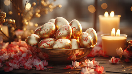 Easter Eggs In Golden Bowl With Candles and Pink Flowers On The Table Focus on Foreground