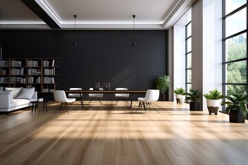 Interior of modern office with gray walls, concrete floor, rows of brown leather armchairs standing near wooden coffee tables and bookcases. 3d rendering