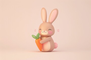 Fototapeta premium Adorable rabbit with carrot in its paws standing on a pink background, 3D illustration of cute animal concept
