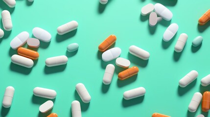 Array of multivitamin tablets arranged neatly on a pastel green background, dietary supplements concept