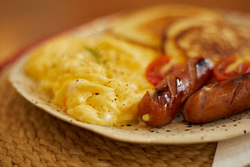 English breakfast with pancake
