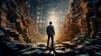 Immerse yourself in the pursuit of knowledge and expertise with a concept featuring a businessman surrounded by towering piles of books, symbolizing the dedication to learning and continuous
