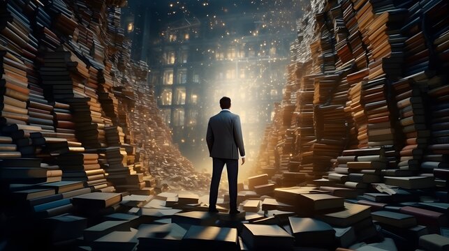  Immerse yourself in the pursuit of knowledge and expertise with a concept featuring a businessman surrounded by towering piles of books, symbolizing the dedication to learning and continuous