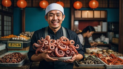 portrait of a man holding a tray of octopus