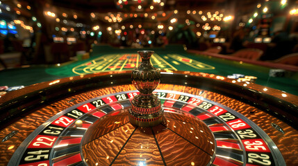Close-Up View of a Casino Roulette Wheel in Action During Evening Gameplay
