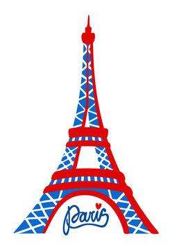 Eiffel tower in colors of french flag. Paris, France. Bright vector isolated illustration with lettering.