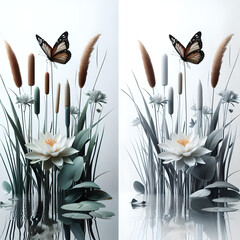 Juncos saliendo del agua con una flor blanca y una mariposa sobrevolando por encima. - obrazy, fototapety, plakaty