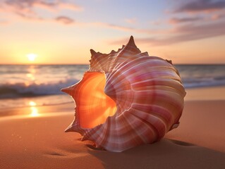 Closeup of a Triton shell on a sandy beach, waves gently lapping at its side, sunset casting warm hues over the scene