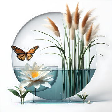 Esfera de vidrio que contiene agua y varias plantas acuáticas de juncos blancos y marrones. Mientras sobrevuela una mariposa una flor blanca sobre un fondo blanco.