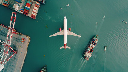 Aerial view and top view cargo plane flying above ship