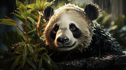Cute Panda in The Rain Forest During Rain