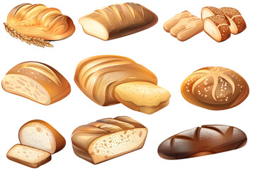 A variety of bread loaves and bakery items, each with a different shape and texture, against a transparent background - obrazy, fototapety, plakaty