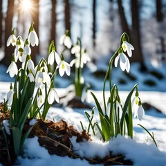 spring snowdrops in snow