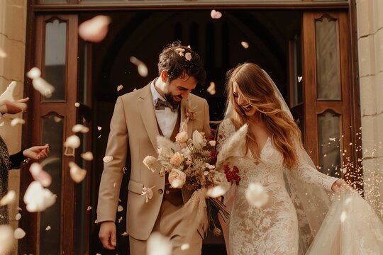 Bride and Groom Walking Out of a Church