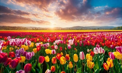 Field of tulips of various colors under a beautiful summer sky with clouds