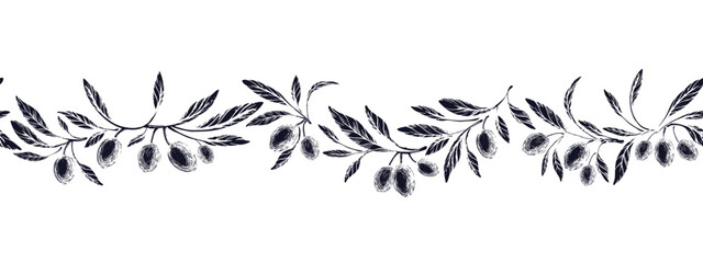 Olive art seamless border. Vector texture linocut