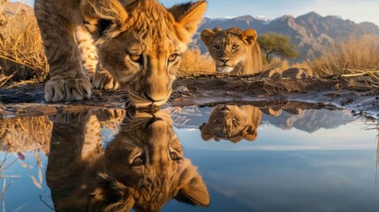 Lion cub looks at the reflection of an adult lion in the water on the background of mountains