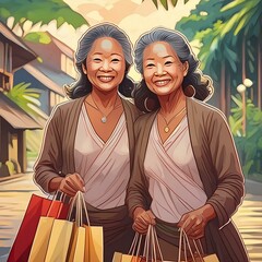 Identical twin sisters with shopping bags