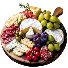  elegant cheese and fruit charcuterie board, arranged tastefully and ready for a gourmet setting. Ensure the image has a transparent background for versatile use - obrazy, fototapety, plakaty