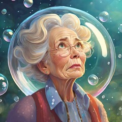 Elderly sad white haired woman living in a bubble