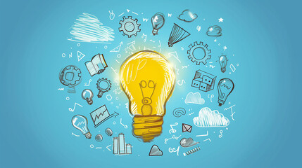 Illuminated Light Bulb with Doodles Symbolizing Ideas and Innovation on Blue Background..