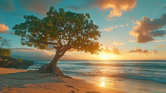 An exquisite beach landscape with the water, trees, and sunsets. The water is visible in the backdrop, while the tree is situated on the sand.