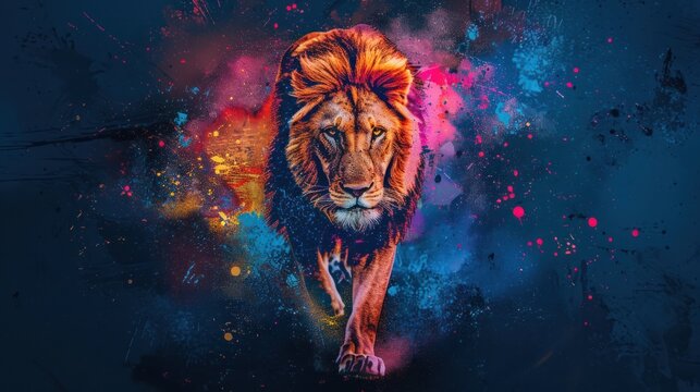 Abstract image of a lion walking forward on a dark blue background with watercolor splashes in artistic style.